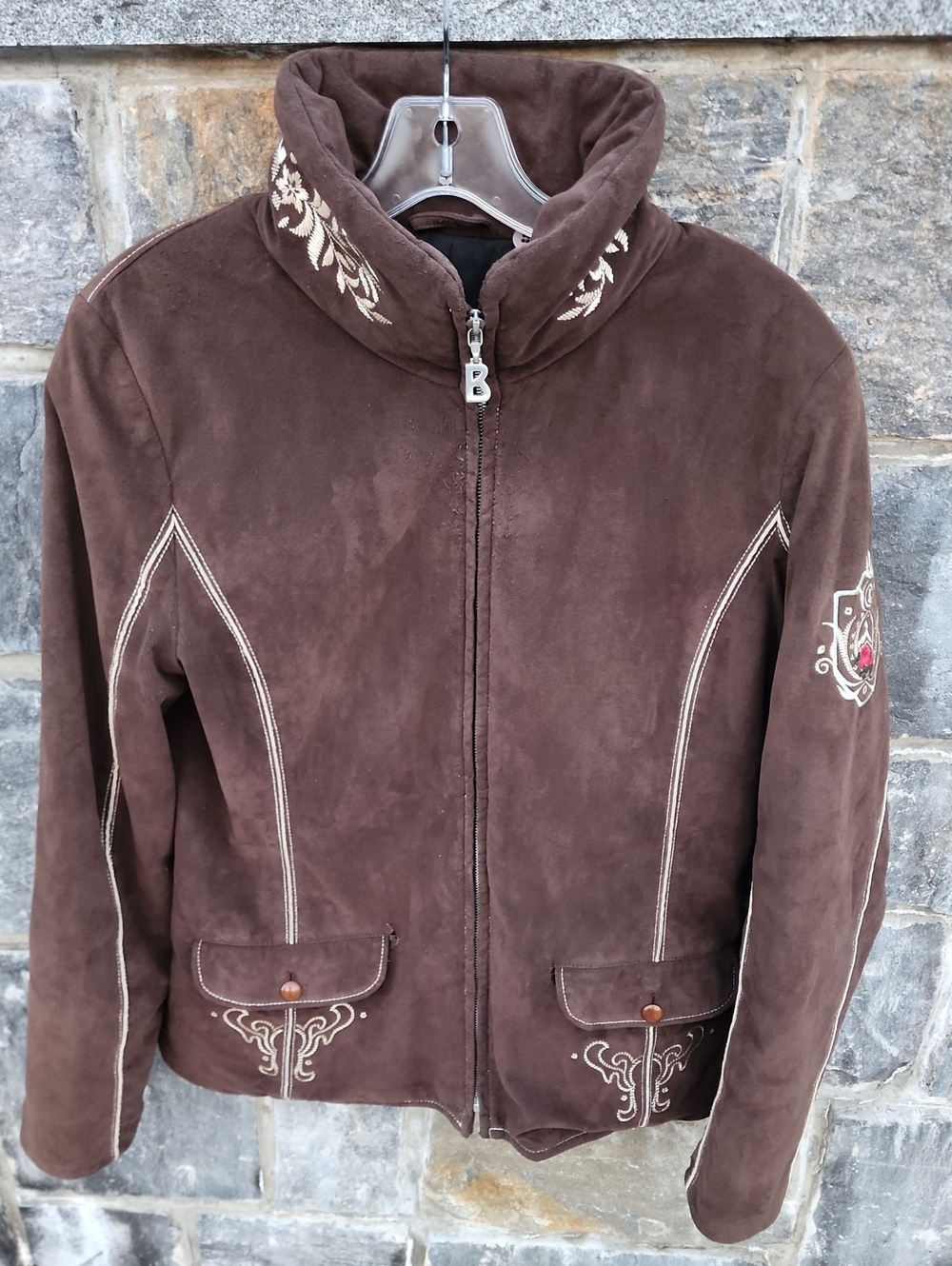 Bogner Brown Faux Suede Zip-Up Women's Jacket with Embroidered Detail size 6